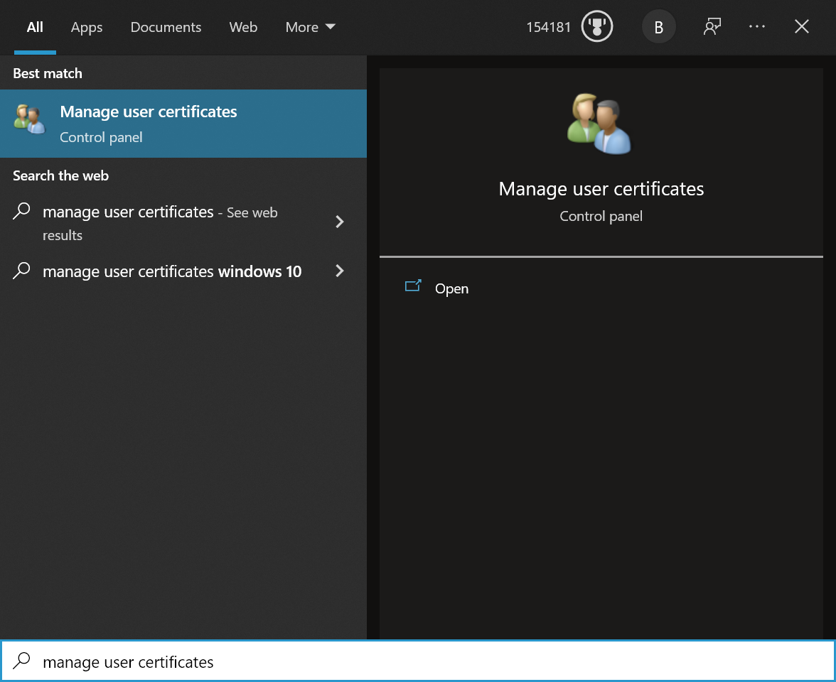 Start menu showing manage user certificates app