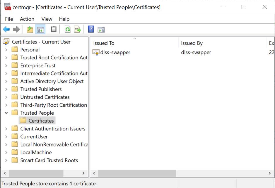 Start menu showing manage user certificates app