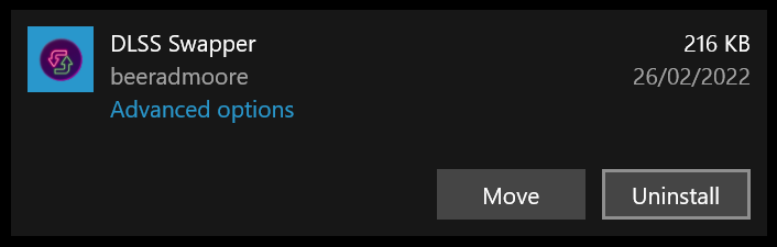 DLSS Swapper uninstall button visible by expanding the search result in apps and features